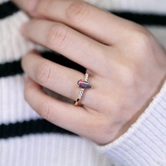 Stylish Black Opal Diamond Engagement Ring 18K Yellow Gold