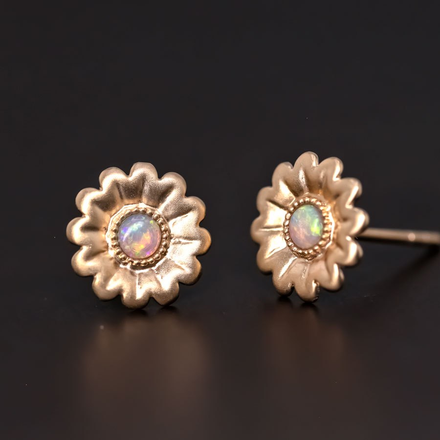Sunflower Stud Earrings with Australian Opal 14K Yellow Gold