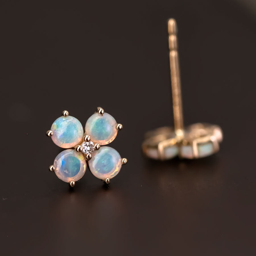 Sweet Four-Leaf Clover earstuds Opal Diamond Earrings 14K Yellow Gold