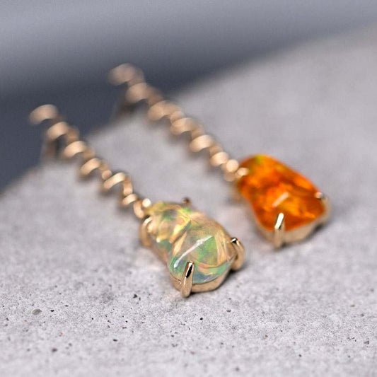 Swirl Mexican Fire Opal Drop Earrings in 14K Yellow Gold