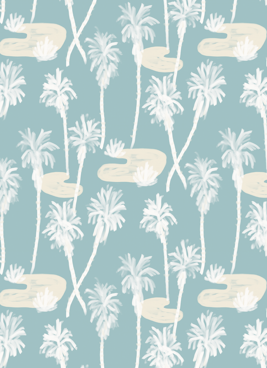 Palm Oasis Wallpaper, blue and white