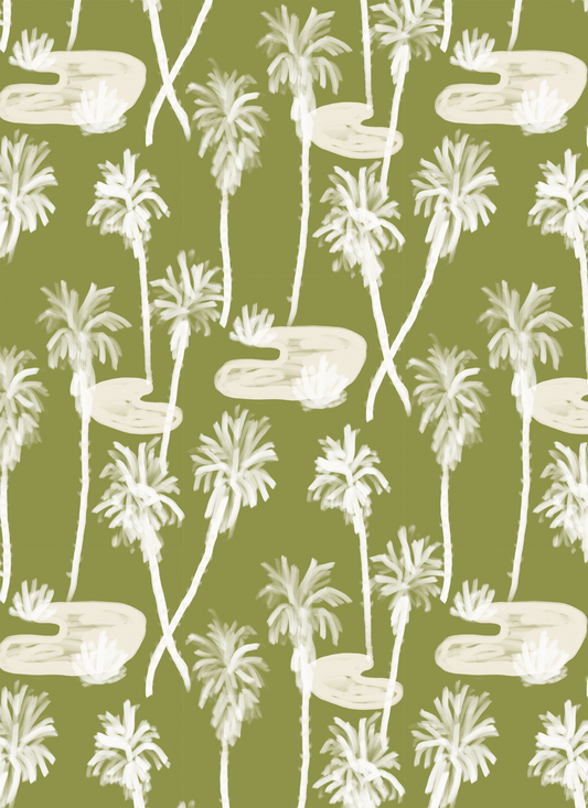 Palm Oasis Wallpaper, olive green and white