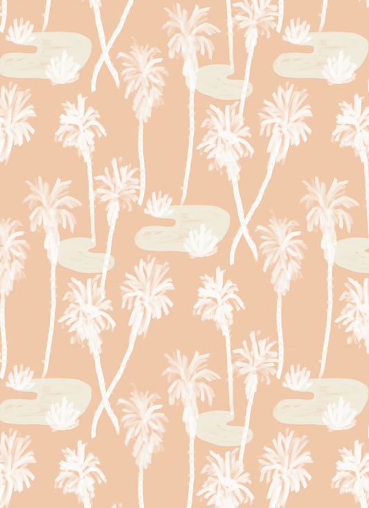 Palm Oasis Wallpaper, peach and white