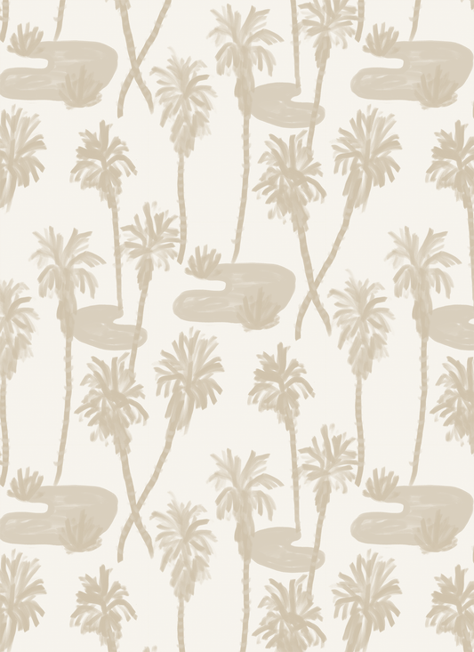Palm Oasis Wallpaper, white and tan