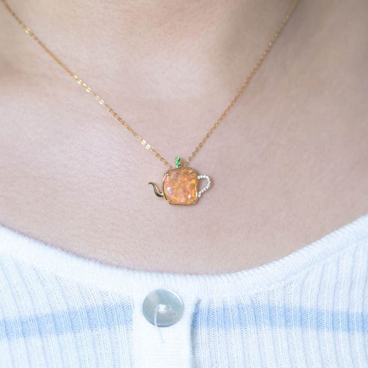 Teapot Design Fire Opal Diamond, Tsavorite Necklace 18K Yellow Gold