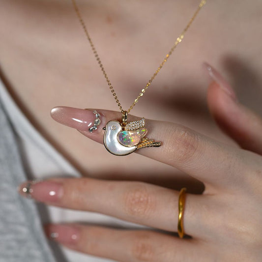 The Fat Pigeon - Fire Opal Diamond Pendant 18K Yellow Gold Adorable Bird Necklace