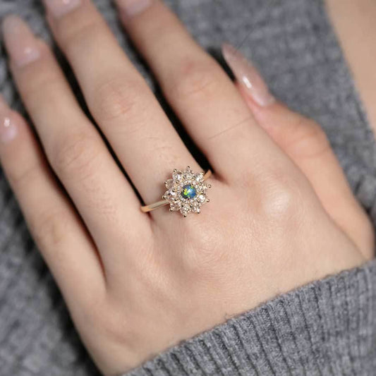 The Precious - Halo Diamond Black Opal Engagement Ring 14K Yellow Gold