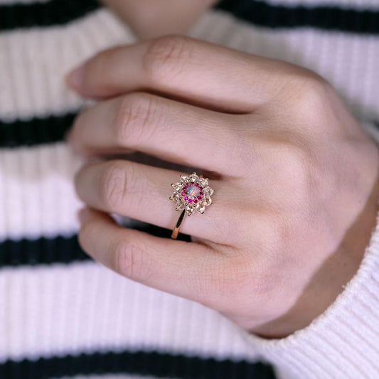 The Precious - Halo Diamond Black Opal Ruby Engagement Ring 18K Yellow Gold