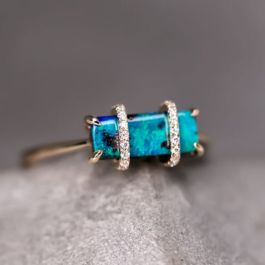 The Rectangle - Australian Boulder Opal & Diamond Engagement Ring 18K Gold