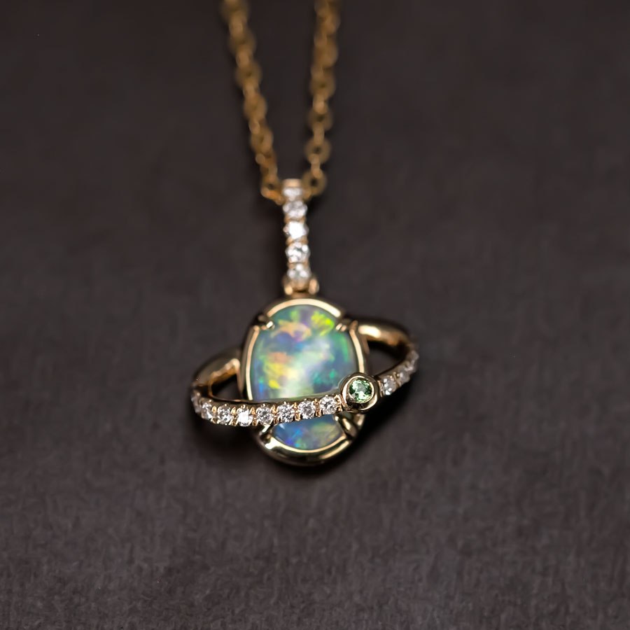The Saturn - Australian Black Opal & Diamond Tsavorite 18K Yellow Gold Necklace