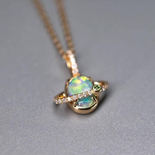 The Saturn - Australian Black Opal & Diamond Tsavorite 18K Yellow Gold Necklace