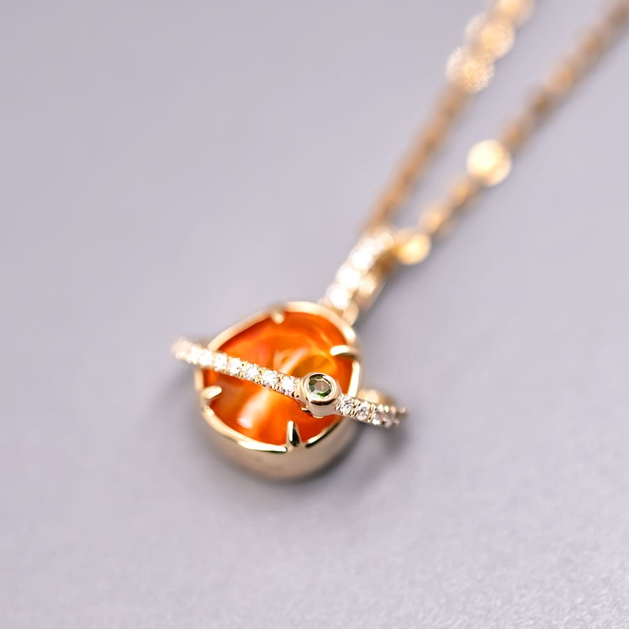 The Saturn - Mexican Fire Opal & Diamond Tsavorite 18K Yellow Gold Necklace