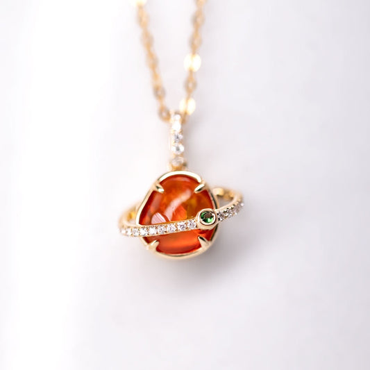 The Saturn - Mexican Fire Opal & Diamond Tsavorite 18K Yellow Gold Necklace