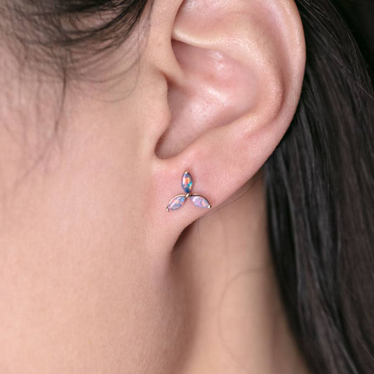 Three Stone Marquise Doublet Opal Stud Earrings 18K Yellow Gold