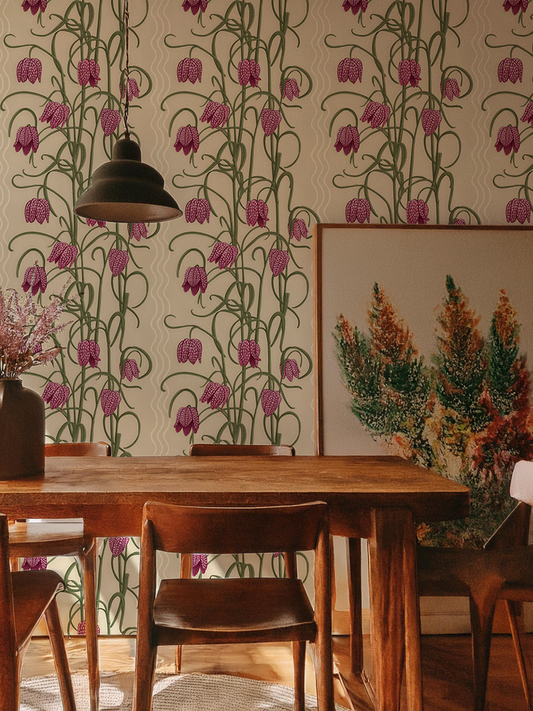 Campanas Wallpaper, tan and magenta