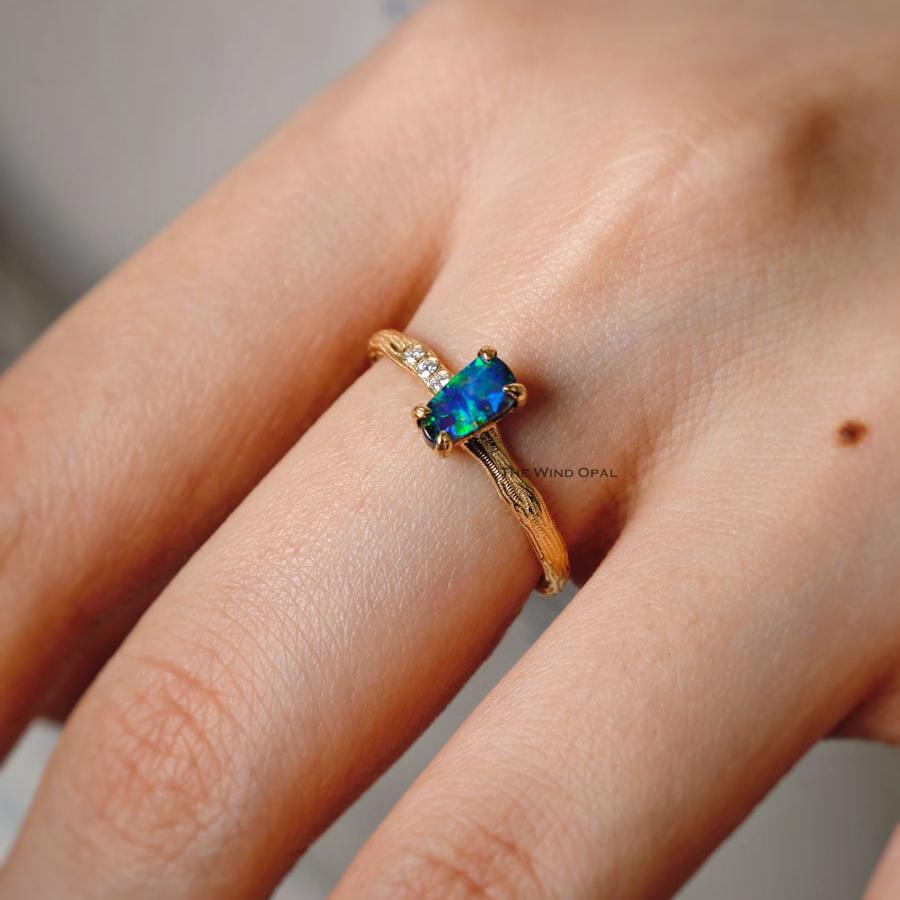 Tree Branch Design Boulder Opal Diamond Engagement Ring 18K Yellow Gold