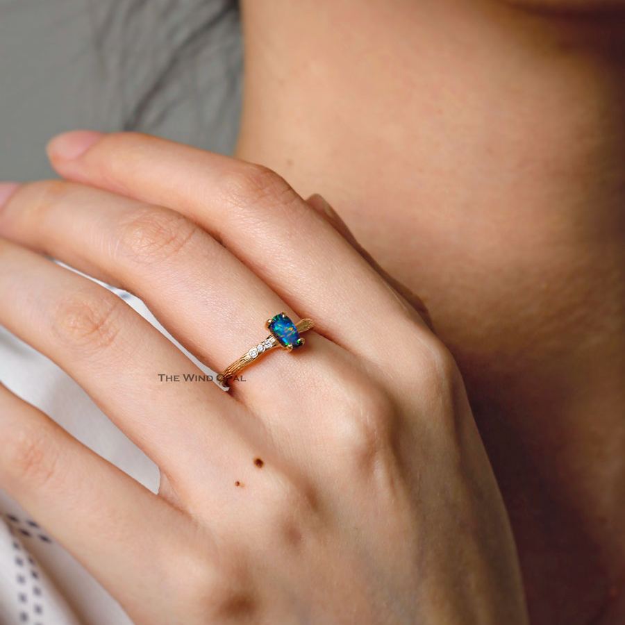 Tree Branch Design Boulder Opal Diamond Engagement Ring 18K Yellow Gold