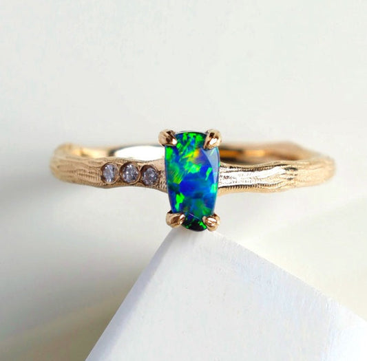 Tree Branch Design Boulder Opal Diamond Engagement Ring 18K Yellow Gold