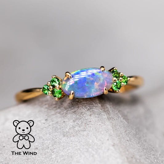 Bright Australian Semi-Black Opal and Tsavorite Garnet Engagement Wedding Ring