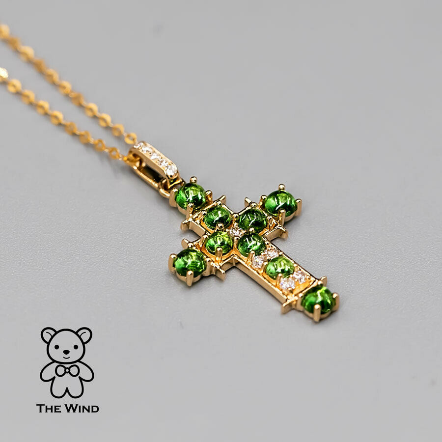 Tsavorite Garnet and Diamond Cross Pendant Necklace 18K Yellow Gold