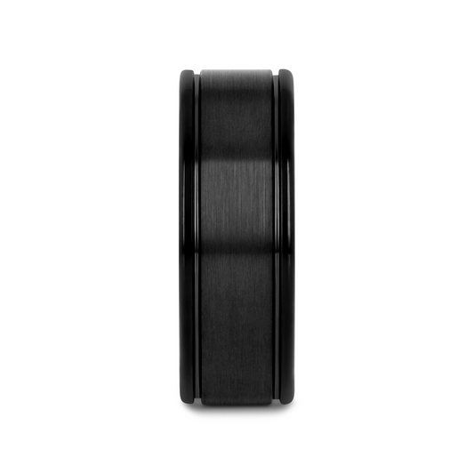 TURNER Black Tungsten Carbide Wedding Band – Flat Brushed Center, Dual Offset Grooves, Polished Edges (6mm & 8mm)