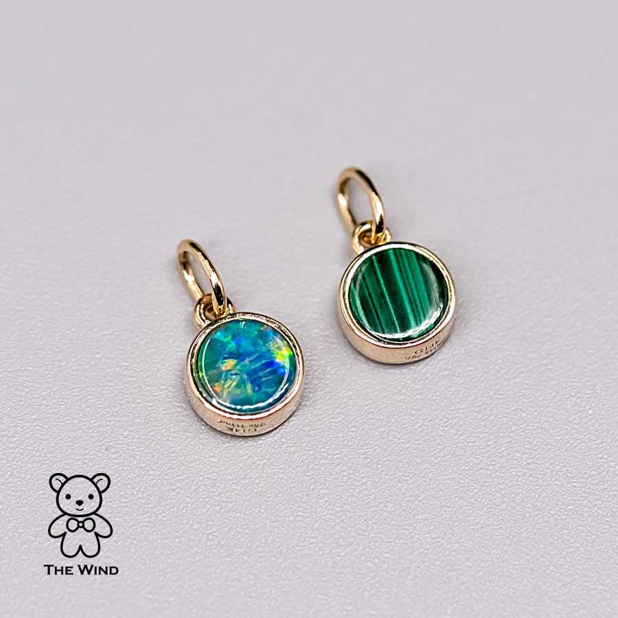 Two-Side Australian Doublet Opal & Malachite Round Pendant Necklace 14K Yellow Gold