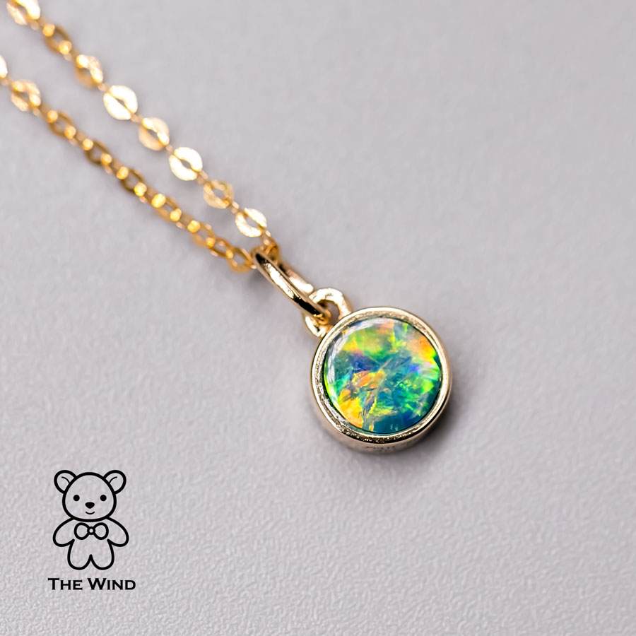 Two-Side Australian Doublet Opal & Malachite Round Pendant Necklace 14K Yellow Gold
