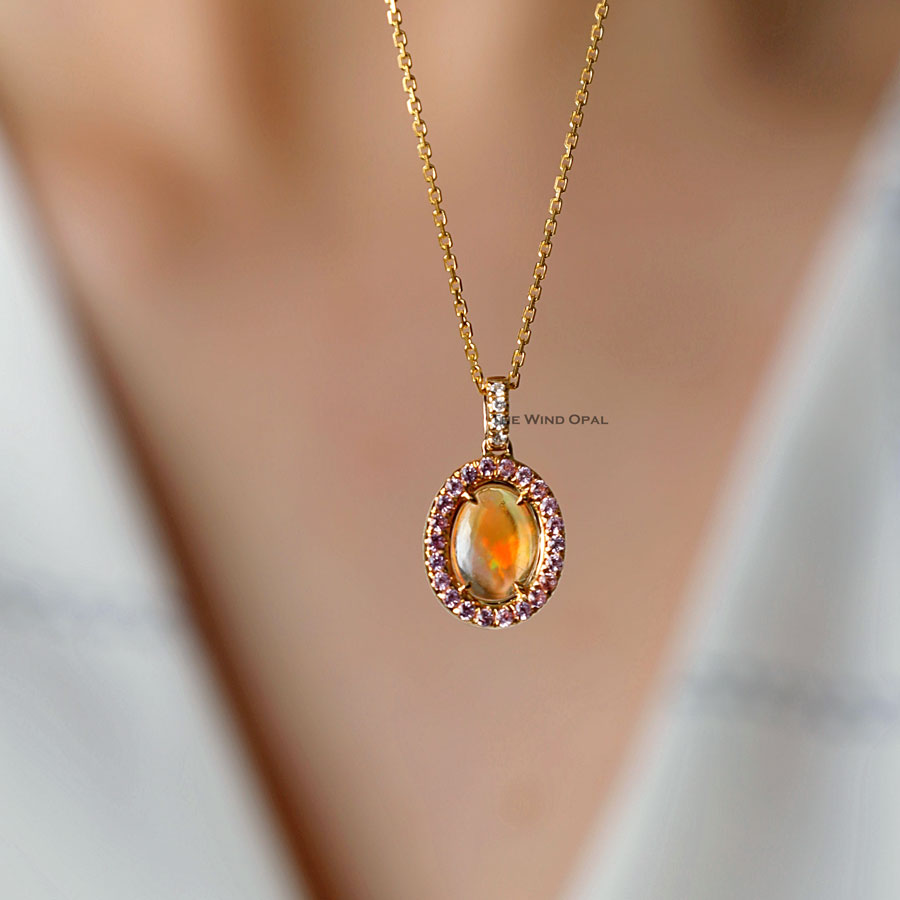 Beautiful Flame Two Side Mexican Fire Opal, Diamond Necklace 18K Yellow Gold