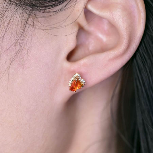 Two Colors Fire Opal Diamond Halo Stud Earrings 18K Yellow Gold