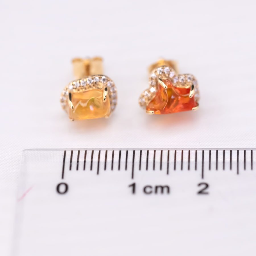 Two Colors Fire Opal Diamond Halo Stud Earrings 18K Yellow Gold