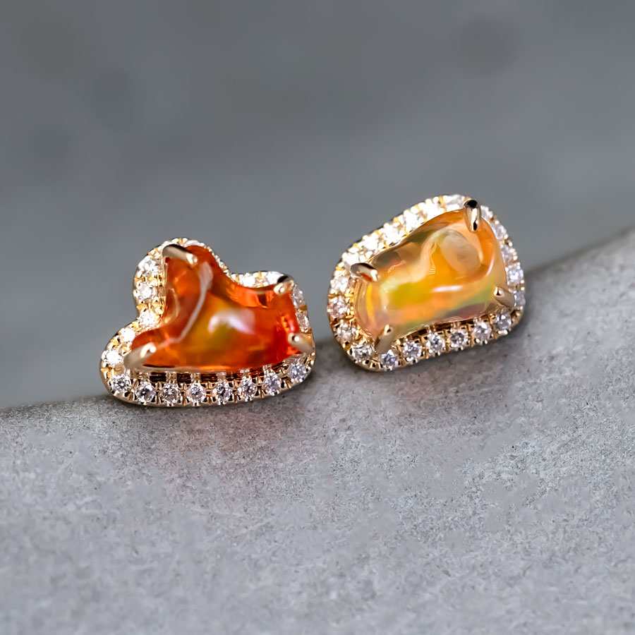 Two Colors Fire Opal Diamond Halo Stud Earrings 18K Yellow Gold