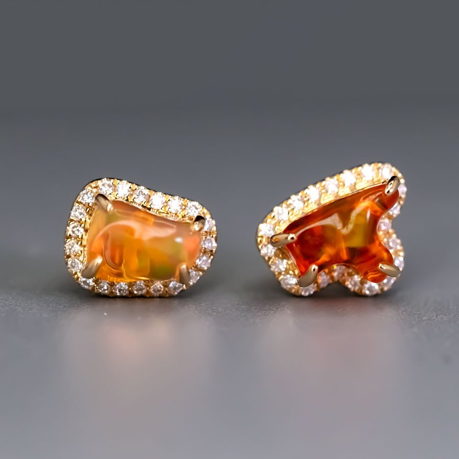 Two Colors Fire Opal Diamond Halo Stud Earrings 18K Yellow Gold