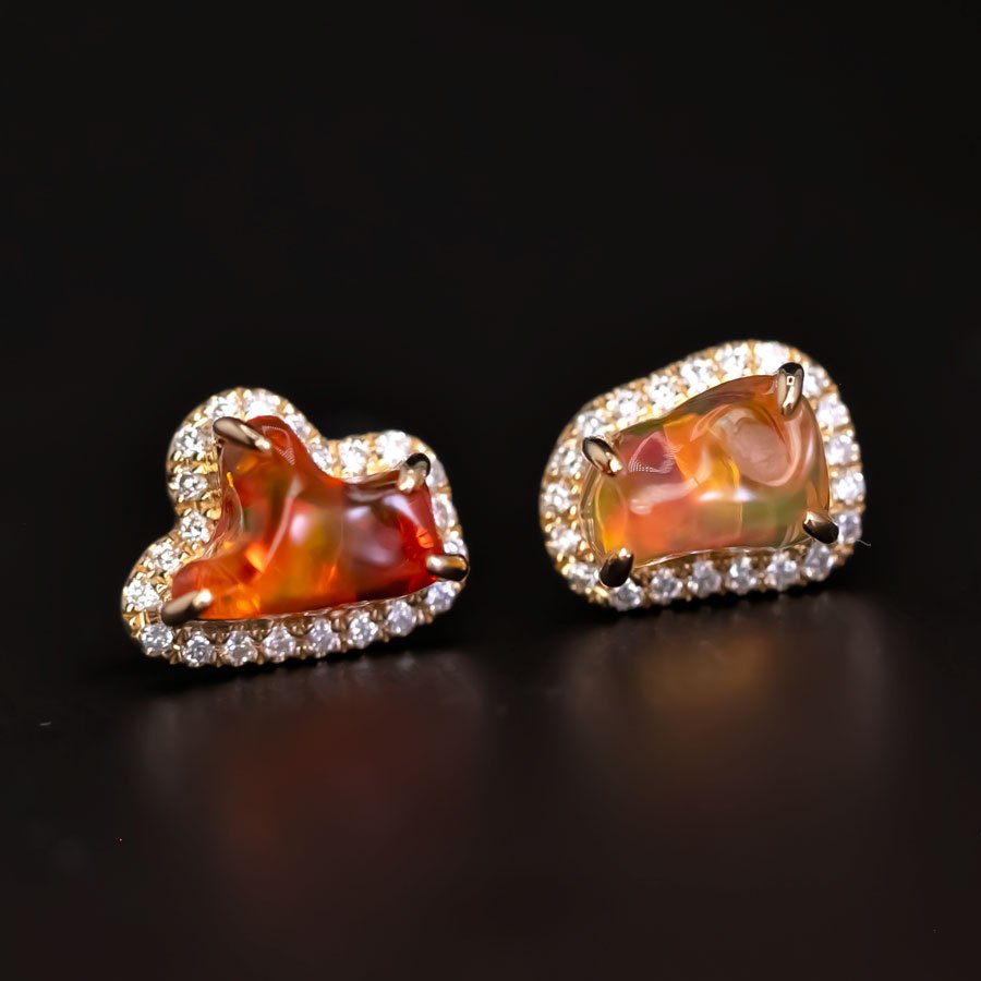 Two Colors Fire Opal Diamond Halo Stud Earrings 18K Yellow Gold
