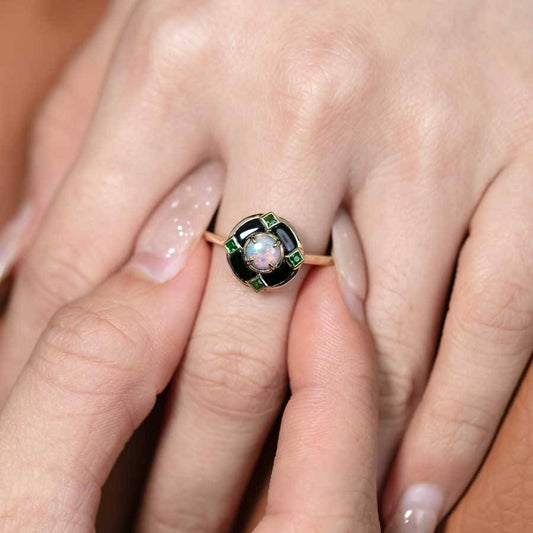 Unique Black Opal Black Agate Engagement Ring 14K Yellow Gold