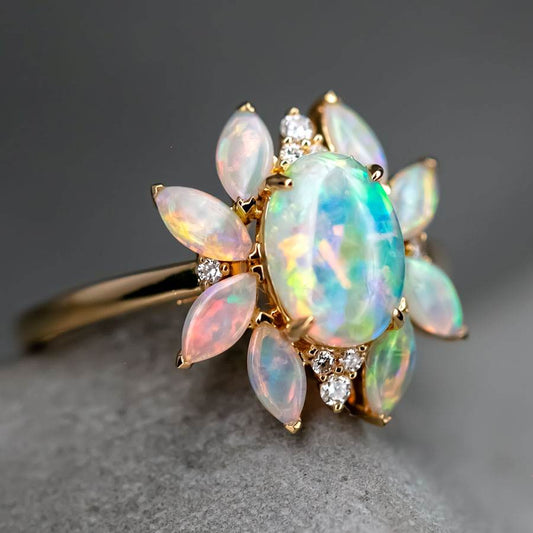 Unique Design Solid Opal Diamond Engagement Ring 18K Yellow Gold