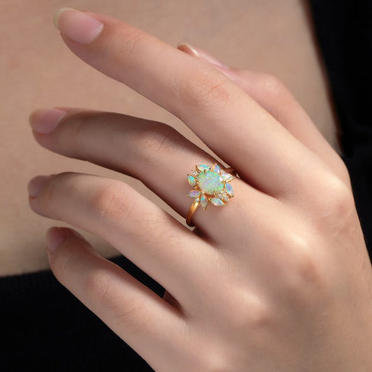 Unique Design Solid Opal Diamond Engagement Ring 18K Yellow Gold