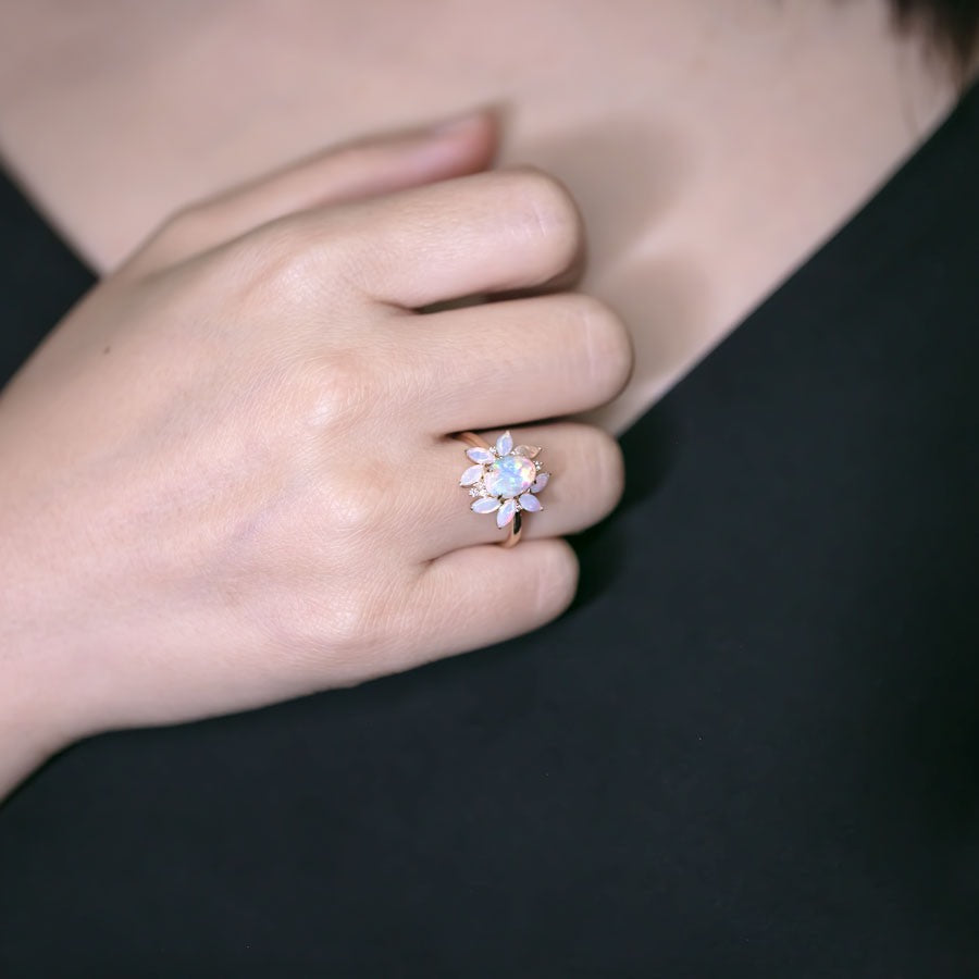 Unique Design Solid Opal Diamond Engagement Ring 18K Yellow Gold