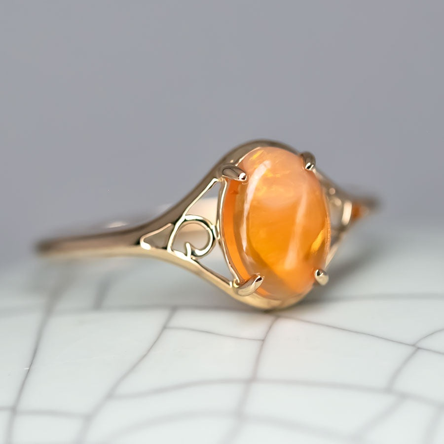 Vintage Inspired Egg Fire Opal Engagement Ring 14K Yellow Gold