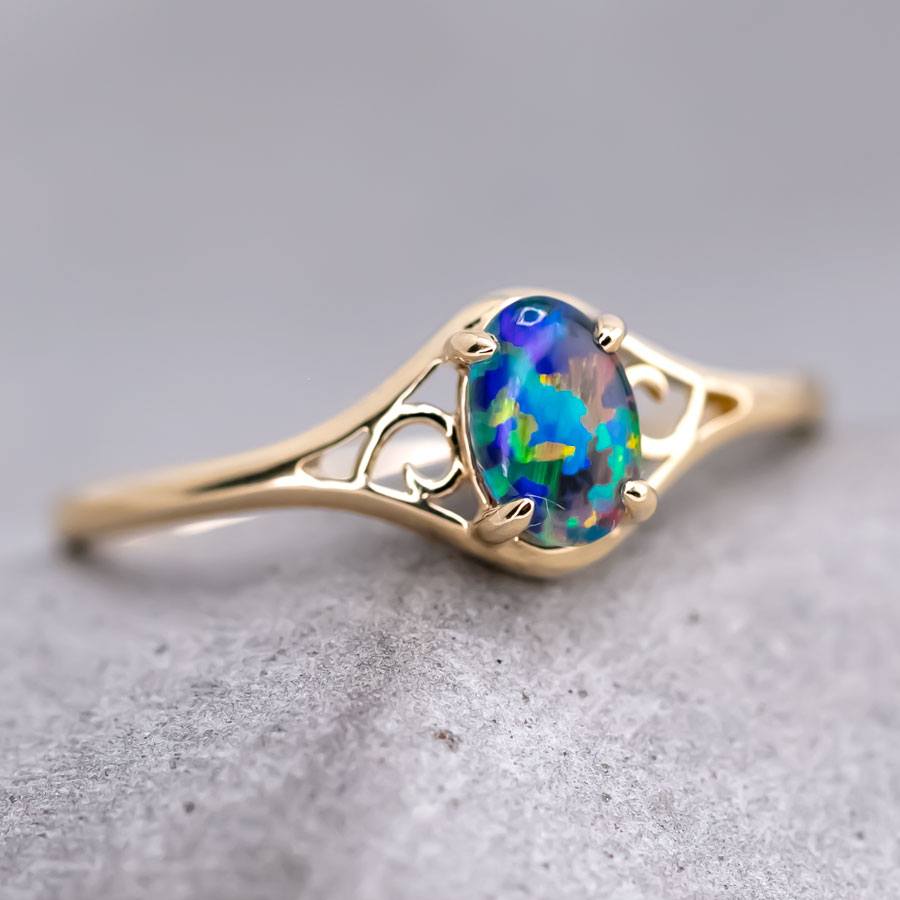 Vintage Inspired Oval Triplet Opal Engagement Ring 18K Yellow Gold