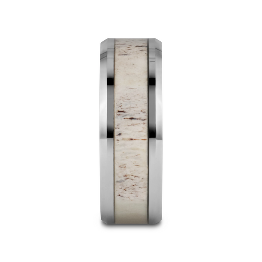 WHITETAIL Polished Beveled Tungsten Carbide Men's Wedding Band with Off-White Deer Antler Inlay - 8mm
