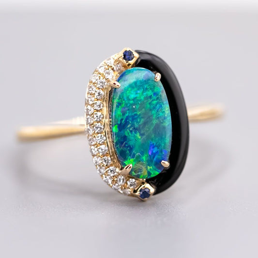 Yin-Yang Black Opal Diamond Sapphire Engagement Ring 18K Yellow Gold