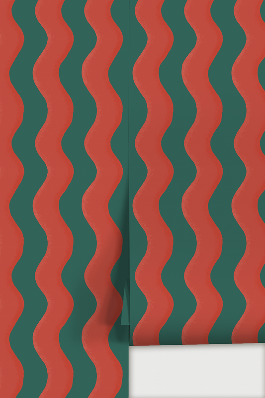 Ziggy Stripe Wallpaper, dark teal and brick red