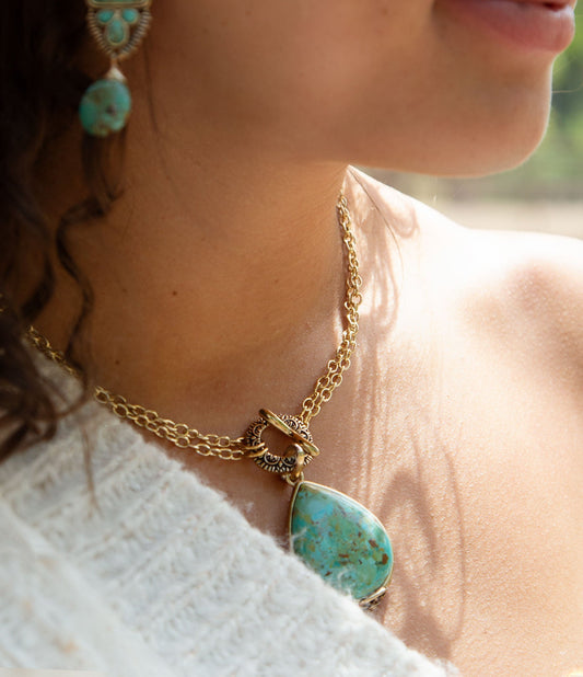 Abby Blue Turquoise and Golden Bronze Pendant Necklace