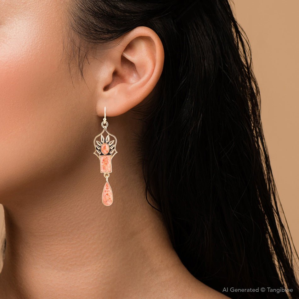 Albie Orange Sponge Coral and Golden Drop Earrings