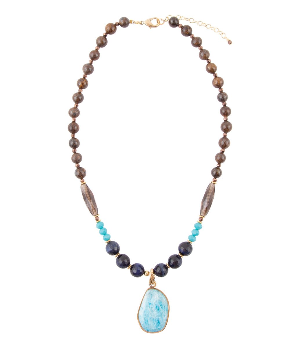Argo Blue Apatite and Brown Tiger's Eye Golden Pendant Necklace