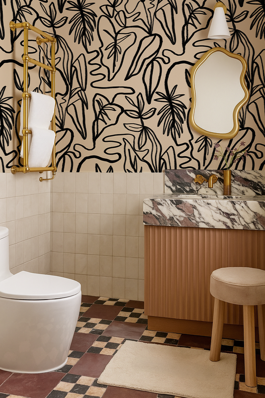 Inked Foliage Wallpaper, tan and black