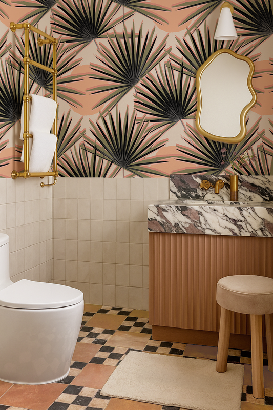 Palm Deco Wallpaper, coral and olive green