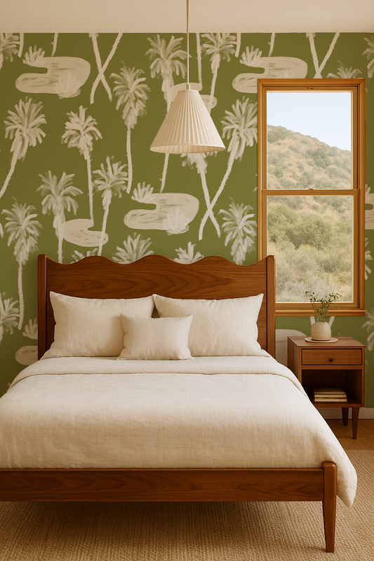 Palm Oasis Wallpaper, olive green and white