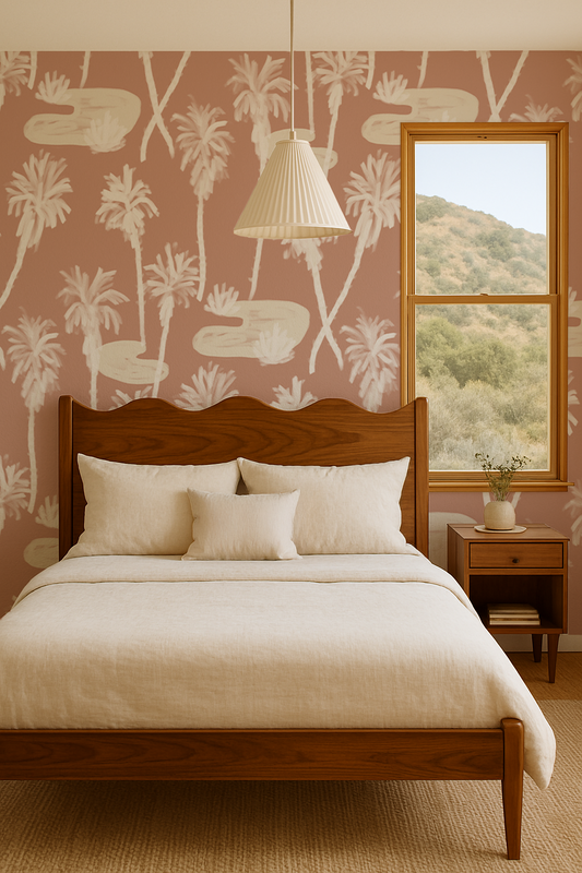 Palm Oasis Wallpaper, terra cotta and white