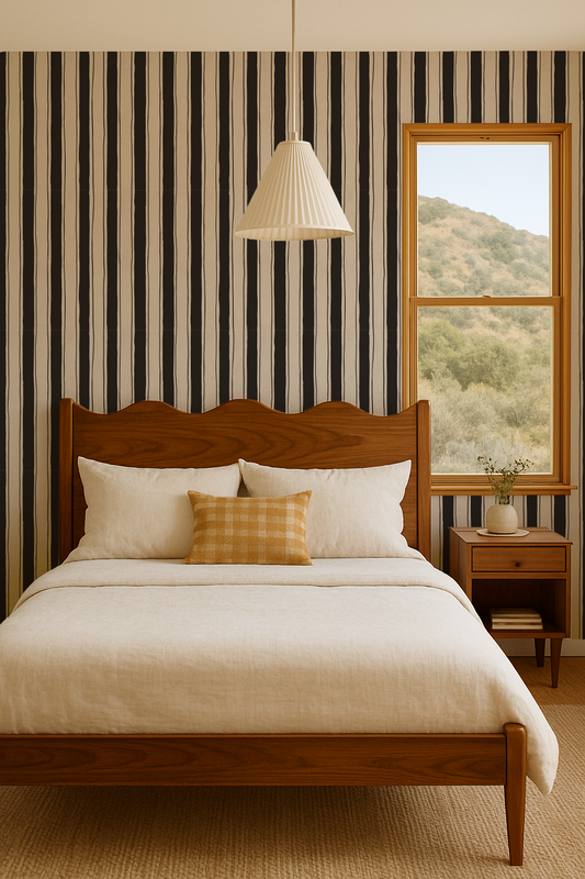 Riviera Stripe Wallpaper, off-white and black